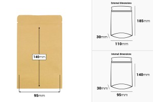 Sachets en papier kraft de type Doypack, avec fermeture zip, revêtement intérieur en aluminium et possibilité de fermeture par thermoscellage 110 x 30 x 185 mm - 50 pcs-εικόνα_διαστάσεις