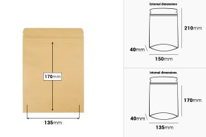 Sachets en papier kraft de type Doypack, avec fermeture zip, revêtement intérieur en aluminium et possibilité de fermeture par thermoscellage 150 x 40 x 210 mm - 50 pcs-εικόνα_διαστάσεις