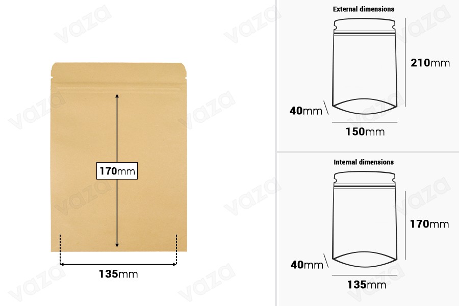Σακουλάκια κραφτ τύπου Doy Pack, με κλείσιμο "zip", εσωτερική επένδυση αλουμινίου και δυνατότητα σφράγισης με θερμοκόλληση 150x40x210 mm - 50 τμχ Σακουλάκια κραφτ τύπου Doy Pack, με κλείσιμο "zip", εσωτερική επένδυση αλουμινίου και δυνατότητα σφράγισης με θερμοκόλληση 150x40x210 mm - 50 τμχ-εικόνα_διαστάσεις