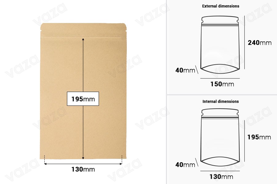 Sachets kraft type Doy Pack 150x40x240 mm, avec revêtement intérieur en aluminium, fermeture « zip » et possibilité de scellage par thermocollage - 50 pièces Sachets kraft type Doy Pack 150x40x240 mm, avec revêtement intérieur en aluminium, fermeture « zip » et possibilité de scellage par thermocollage - 50 pièces-photo_dimensions