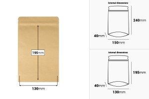Sachets en papier kraft de type Doypack, avec fermeture zip, revêtement intérieur en aluminium et possibilité de fermeture par thermoscellage 150 x 40 x 240 mm - 50 pcs-εικόνα_διαστάσεις