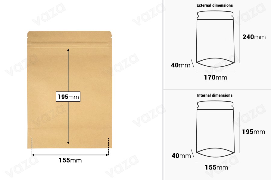 Standbodenbeutel aus Kraftpapier mit Druckverschluss, Alu- Beschichtung, verschließbar durch Schweißgerät 170x40x240mm - 50 Stücke Standbodenbeutel aus Kraftpapier mit Druckverschluss, Alu- Beschichtung, verschließbar durch Schweißgerät 170x40x240mm - 50 Stücke-εικόνα_διαστάσεις