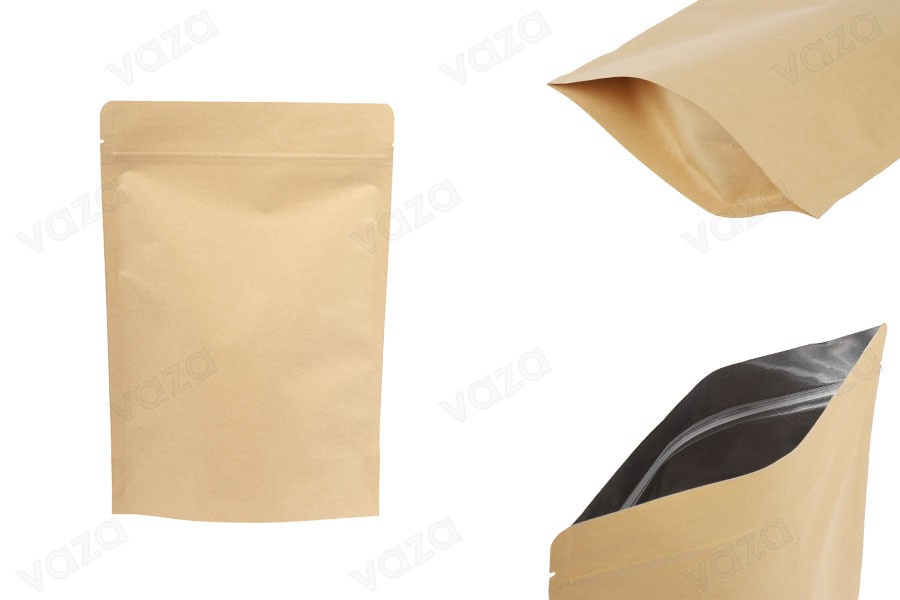 Sacchetti Doy Pack in carta kraft 180x40x260 mm, con fodera interna in alluminio, chiusura "zip" e termosaldabili - 50 pz-immagine_prodotto