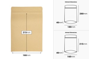 Sacchetti Doy Pack in carta kraft 180x40x260 mm, con fodera interna in alluminio, chiusura "zip" e termosaldabili - 50 pz-εικόνα_διαστάσεις