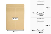 Σακουλάκια κραφτ τύπου Doy Pack 180x40x260 mm, με εσωτερική επένδυση αλουμινίου, κλείσιμο "zip" και δυνατότητα σφράγισης με θερμοκόλληση - 50 τμχ-εικόνα_διαστάσεις