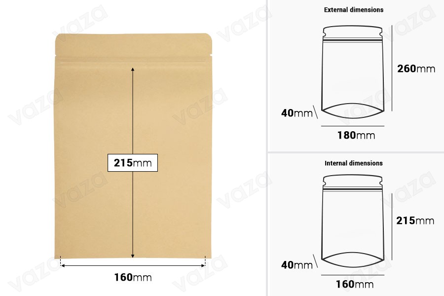 Sacchetti Doy Pack in carta kraft 180x40x260 mm, con fodera interna in alluminio, chiusura "zip" e termosaldabili - 50 pz-dimensioni_immagine