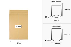 Sachets en papier kraft de type Doypack, avec fermeture zip, revêtement intérieur en aluminium et possibilité de fermeture par thermoscellage 180 x 50 x 300 mm - 50 pcs-εικόνα_διαστάσεις