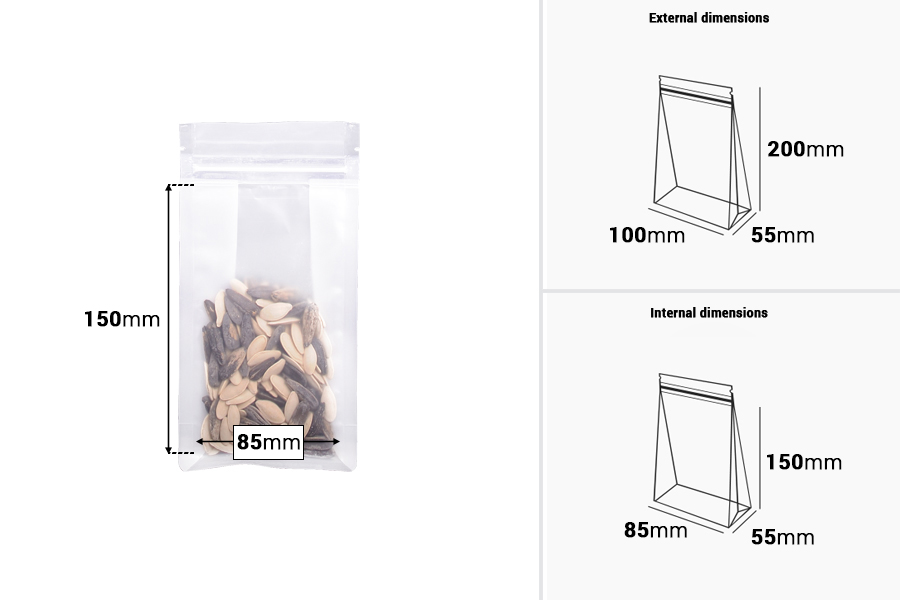 Qese tipi Doy Pack, transparente, me mbyllje “zip” dhe mundësi vulosjeje me ngjitje termike 100x55x200 mm – 50 copë-εικόνα_διαστάσεις