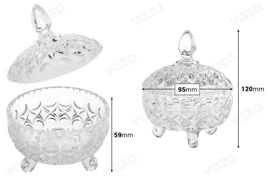 Centrotavola - Porta cioccolatini in vetro di vetro rotonda con coperchio, 3 piedi e disegni in rilievo - 120x95 mm.-dimensioni_immagine