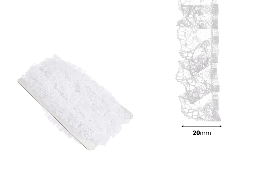 Pleated synthetic white lace trim, width 20 mm - length 10 meters each piece Pleated synthetic white lace trim, width 20 mm - length 10 meters each piece-εικόνα_διαστάσεις