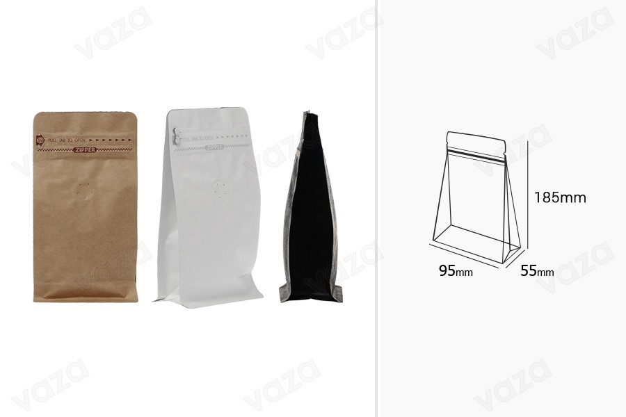 Sachets en aluminium Doypack avec valve, revêtement extérieur en papier kraft, fermeture thermosoudée, ouverture avec fil de sécurité et fermeture zip, parfait pour le café moulu 95 x 55 x 185 mm, 25 pcs Sachets en aluminium Doypack avec valve, revêtement extérieur en papier kraft, fermeture thermosoudée, ouverture avec fil de sécurité et fermeture zip, parfait pour le café moulu 95 x 55 x 185 mm, 25 pcs-photo_dimensions