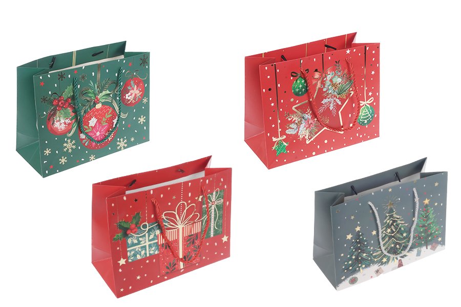 Sac cadeau de Noël en papier 230 x 100 x 180 mm avec ruban pour poignée - 12 pièces-photo_produit