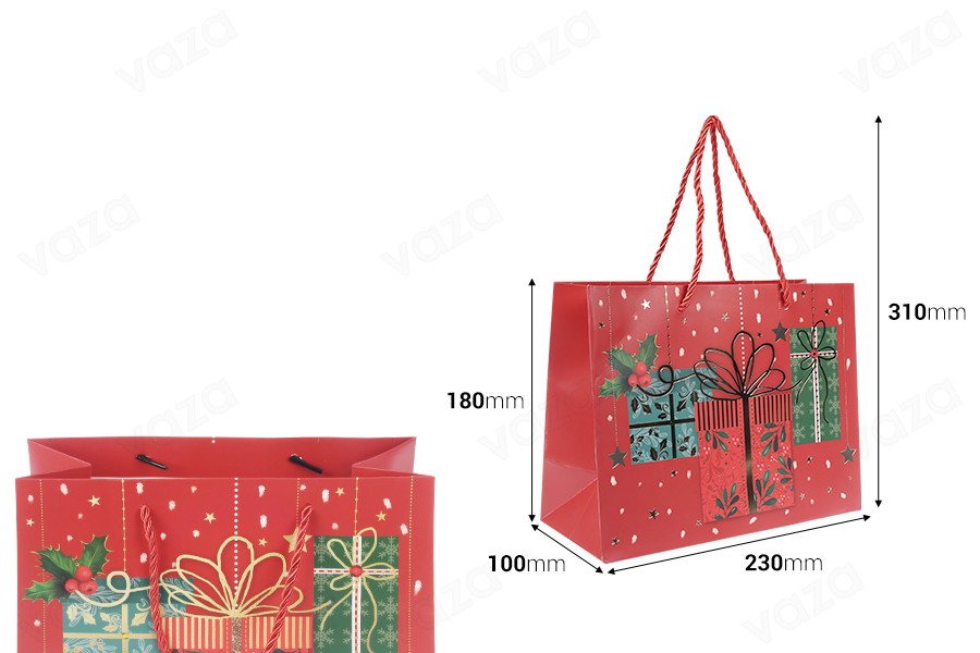 Sac cadeau de Noël en papier 230 x 100 x 180 mm avec ruban pour poignée - 12 pièces Sac cadeau de Noël en papier 230 x 100 x 180 mm avec ruban pour poignée - 12 pièces-photo_dimensions