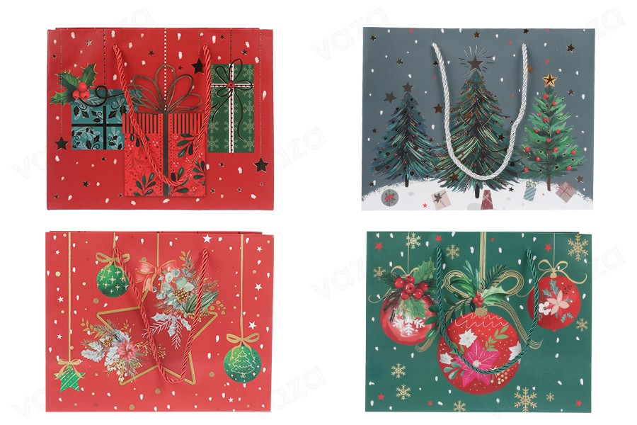 Sac cadeau de Noël en papier 230 x 100 x 180 mm avec ruban pour poignée - 12 pièces Sac cadeau de Noël en papier 230 x 100 x 180 mm avec ruban pour poignée - 12 pièces-photo_groupe