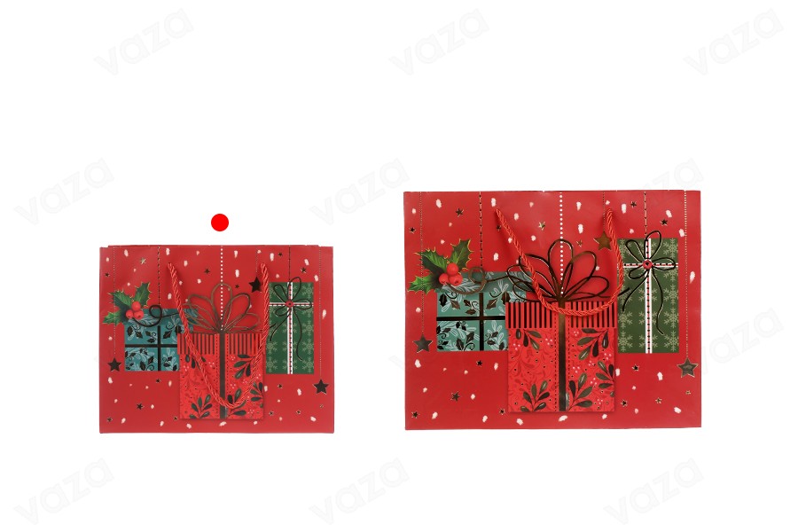 Sac cadeau de Noël en papier 230 x 100 x 180 mm avec ruban pour poignée - 12 pièces Sac cadeau de Noël en papier 230 x 100 x 180 mm avec ruban pour poignée - 12 pièces-photo_groupe