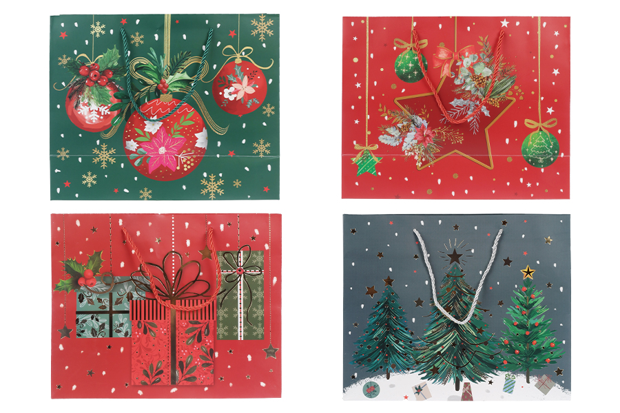 Sac cadeau de Noël en papier 310x120x250 mm avec ruban pour poignée - 12 pièces mélange de motifs et de couleurs Sac cadeau de Noël en papier 310x120x250 mm avec ruban pour poignée - 12 pièces mélange de motifs et de couleurs-photo_groupe