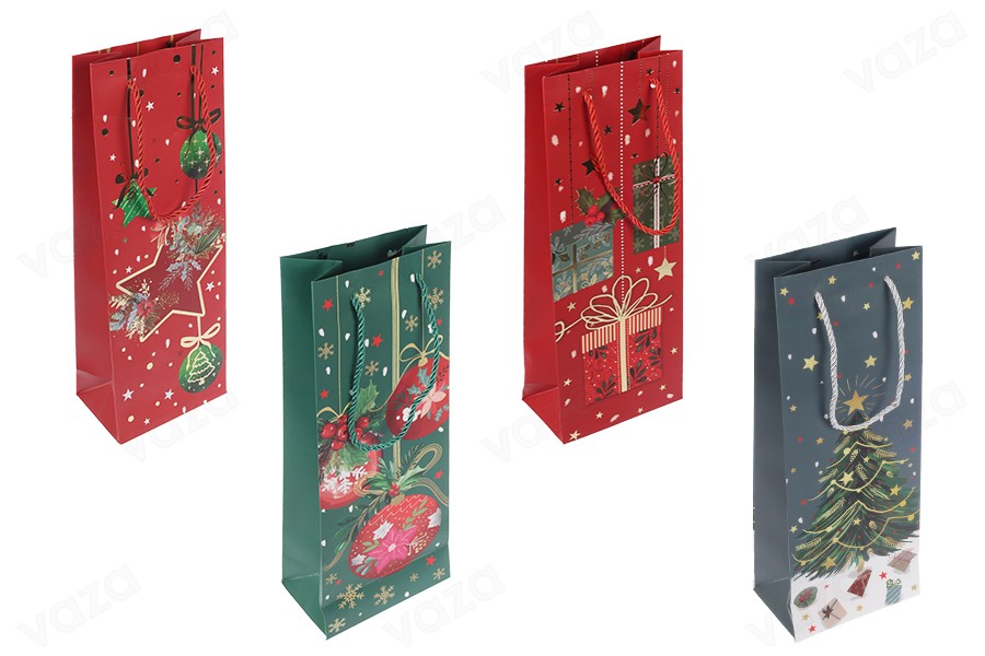 Sac en papier de Noël pour bouteille de vin 125x80x360 mm - 12 pièces mélange de motifs et de couleurs Sac en papier de Noël pour bouteille de vin 125x80x360 mm - 12 pièces mélange de motifs et de couleurs-photo_produit