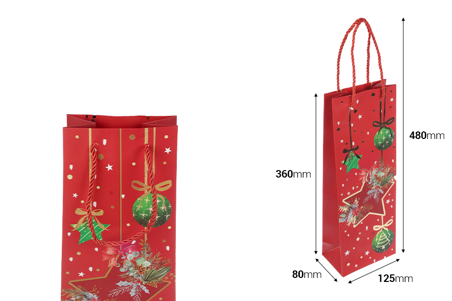 Weihnachtspapiertüte für Weinflasche 125x80x360 mm - 12 Stück Mix aus Designs und Farben-bildabmessungen