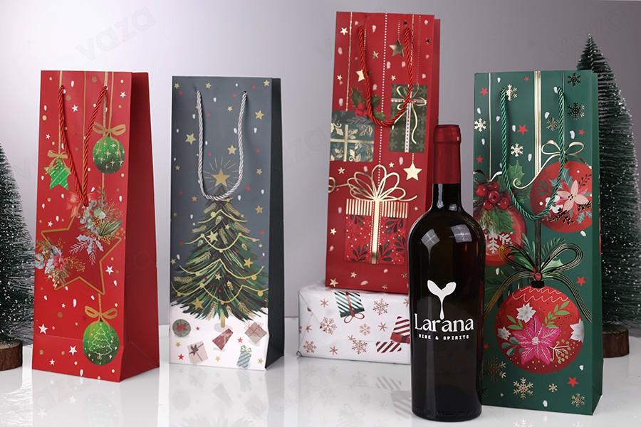 Sac en papier de Noël pour bouteille de vin 125x80x360 mm - 12 pièces mélange de motifs et de couleurs Sac en papier de Noël pour bouteille de vin 125x80x360 mm - 12 pièces mélange de motifs et de couleurs-photo_groupe
