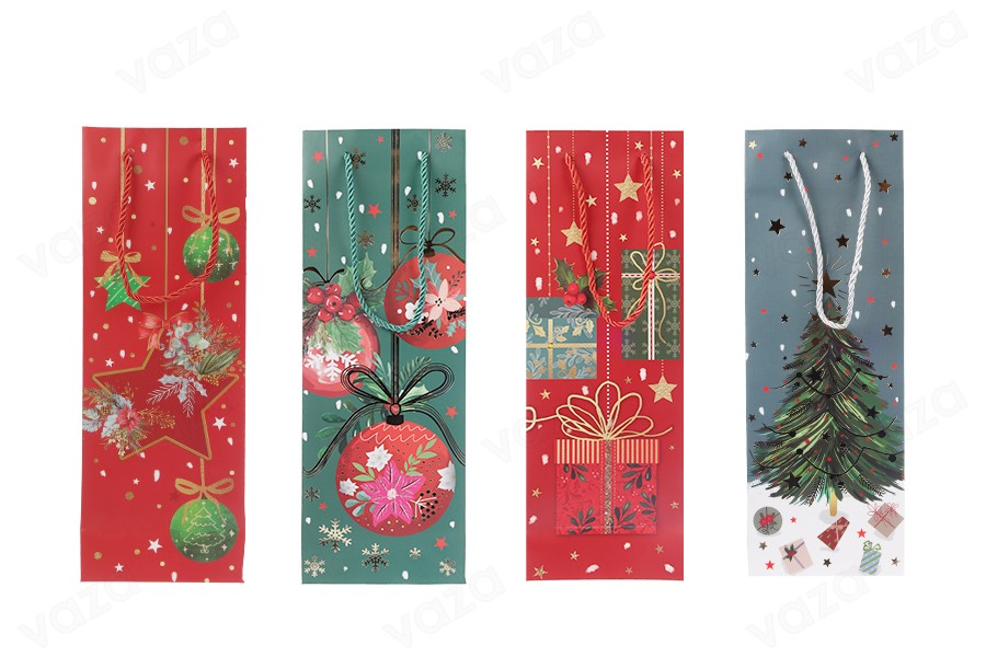 Sac en papier de Noël pour bouteille de vin 125x80x360 mm - 12 pièces mélange de motifs et de couleurs Sac en papier de Noël pour bouteille de vin 125x80x360 mm - 12 pièces mélange de motifs et de couleurs-photo_groupe
