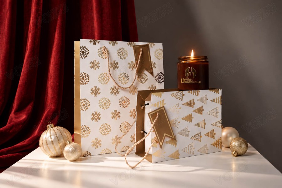 Sacchetti regalo natalizi in carta bianca 180x100x230 mm con motivi dorati e cordino - 12 pezzi con design assortiti Sacchetti regalo natalizi in carta bianca 180x100x230 mm con motivi dorati e cordino - 12 pezzi con design assortiti-gruppo_immagini