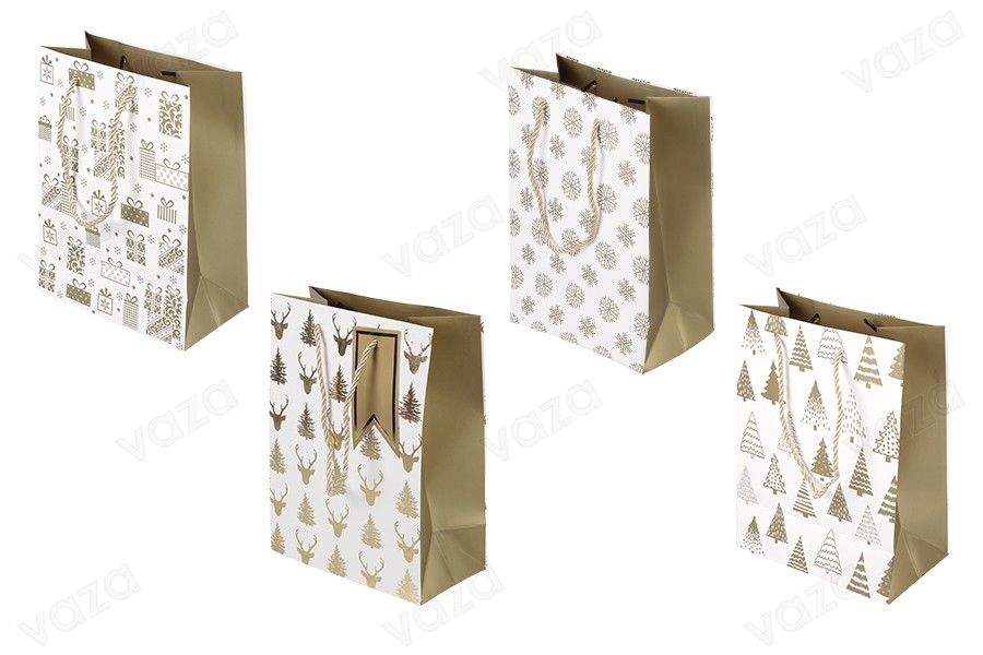 Sacchetti regalo natalizi in carta bianca 180x100x230 mm con motivi dorati e cordino - 12 pezzi con design assortiti Sacchetti regalo natalizi in carta bianca 180x100x230 mm con motivi dorati e cordino - 12 pezzi con design assortiti-immagine_prodotto