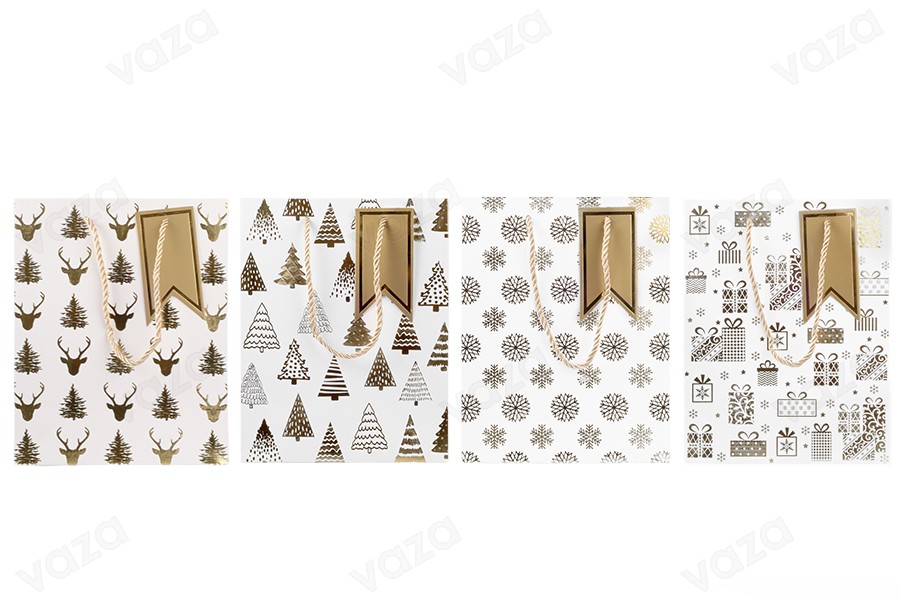 Sacchetti regalo natalizi in carta bianca 180x100x230 mm con motivi dorati e cordino - 12 pezzi con design assortiti Sacchetti regalo natalizi in carta bianca 180x100x230 mm con motivi dorati e cordino - 12 pezzi con design assortiti-gruppo_immagini