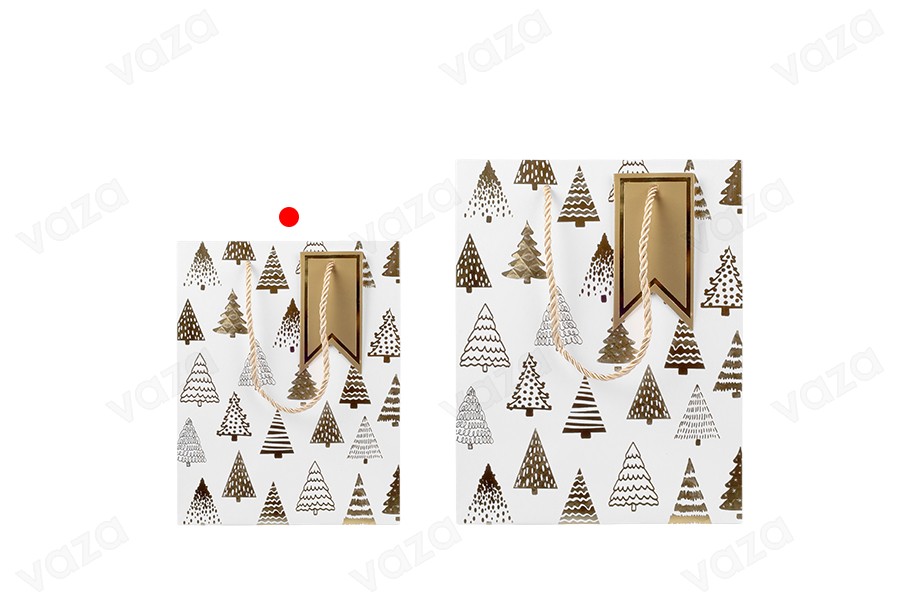 Sac cadeau de Noël en papier blanc, 180 x 100 x 230 mm, avec motifs dorés et cordon - 12 pièces de motifs variés Sac cadeau de Noël en papier blanc, 180 x 100 x 230 mm, avec motifs dorés et cordon - 12 pièces de motifs variés-photo_groupe