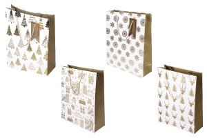 Weihnachtliche Geschenktüten aus weißem Papier, 260 x 100 x 320 mm, mit Goldverzierungen und Kordel – 12 Stück, verschiedene Designs-produktbild