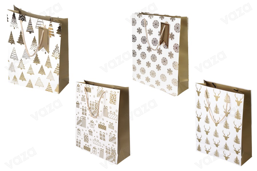 Sac cadeau de Noël en papier blanc, 260 x 100 x 320 mm, avec motifs dorés et cordon - 12 pièces de motifs variés Sac cadeau de Noël en papier blanc, 260 x 100 x 320 mm, avec motifs dorés et cordon - 12 pièces de motifs variés-photo_produit