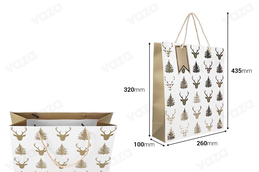 Sac cadeau de Noël en papier blanc, 260 x 100 x 320 mm, avec motifs dorés et cordon - 12 pièces de motifs variés Sac cadeau de Noël en papier blanc, 260 x 100 x 320 mm, avec motifs dorés et cordon - 12 pièces de motifs variés-photo_dimensions