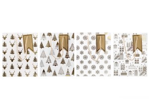 Weihnachtliche Geschenktüten aus weißem Papier, 260 x 100 x 320 mm, mit Goldverzierungen und Kordel – 12 Stück, verschiedene Designs-bildgruppe