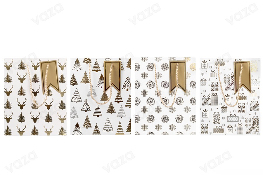 Sac cadeau de Noël en papier blanc, 260 x 100 x 320 mm, avec motifs dorés et cordon - 12 pièces de motifs variés Sac cadeau de Noël en papier blanc, 260 x 100 x 320 mm, avec motifs dorés et cordon - 12 pièces de motifs variés-photo_groupe