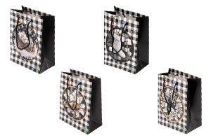 Sachets cadeaux de Noël en papier blanc et noir 180 x 100 x 230 mm avec motifs de Noël et ficelle noire - 12 pièces, motifs assortis-photo_produit