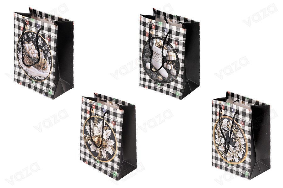 Weihnachtliche Geschenktüten aus Papier, weiß-schwarz, 180 x 100 x 230 mm, mit Weihnachtsmotiven und schwarzer Kordel – 12 Stück, verschiedene Designs-produktbild