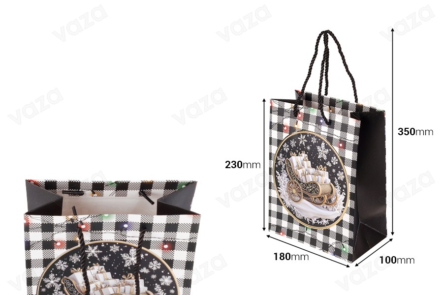 Weihnachtliche Geschenktüten aus Papier, weiß-schwarz, 180 x 100 x 230 mm, mit Weihnachtsmotiven und schwarzer Kordel – 12 Stück, verschiedene Designs-bildabmessungen