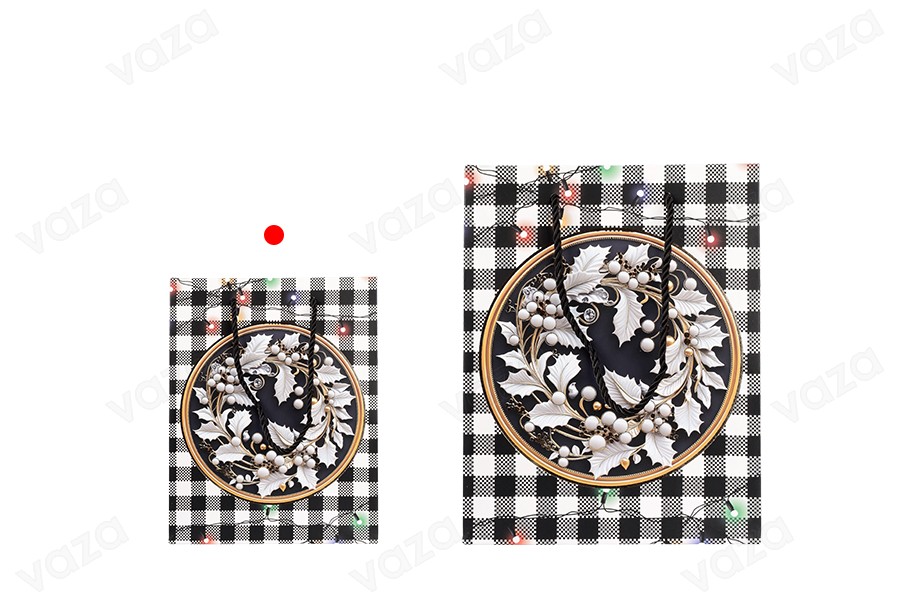 Weihnachtliche Geschenktüten aus Papier, weiß-schwarz, 180 x 100 x 230 mm, mit Weihnachtsmotiven und schwarzer Kordel – 12 Stück, verschiedene Designs-bildgruppe