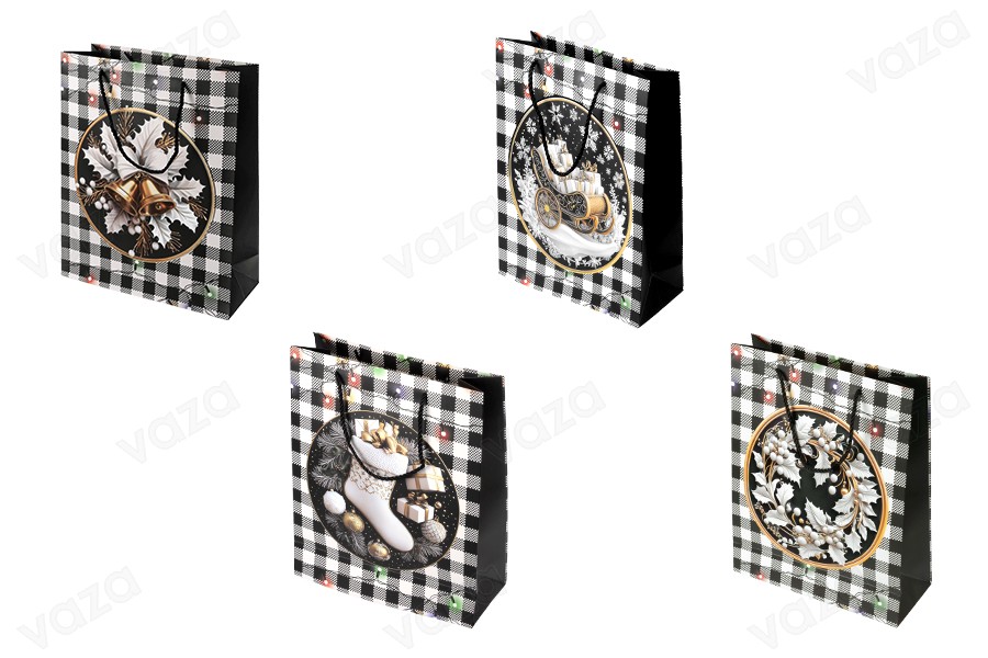 Weihnachtliche Geschenktüten aus Papier, weiß-schwarz, 260 x 100 x 320 mm, mit Weihnachtsmotiven und schwarzer Kordel – 12 Stück, verschiedene Designs Weihnachtliche Geschenktüten aus Papier, weiß-schwarz, 260 x 100 x 320 mm, mit Weihnachtsmotiven und schwarzer Kordel – 12 Stück, verschiedene Designs-produktbild