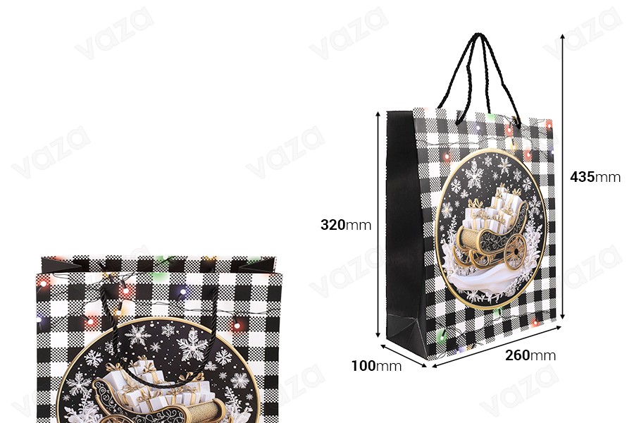 Weihnachtliche Geschenktüten aus Papier, weiß-schwarz, 260 x 100 x 320 mm, mit Weihnachtsmotiven und schwarzer Kordel – 12 Stück, verschiedene Designs Weihnachtliche Geschenktüten aus Papier, weiß-schwarz, 260 x 100 x 320 mm, mit Weihnachtsmotiven und schwarzer Kordel – 12 Stück, verschiedene Designs-bildabmessungen