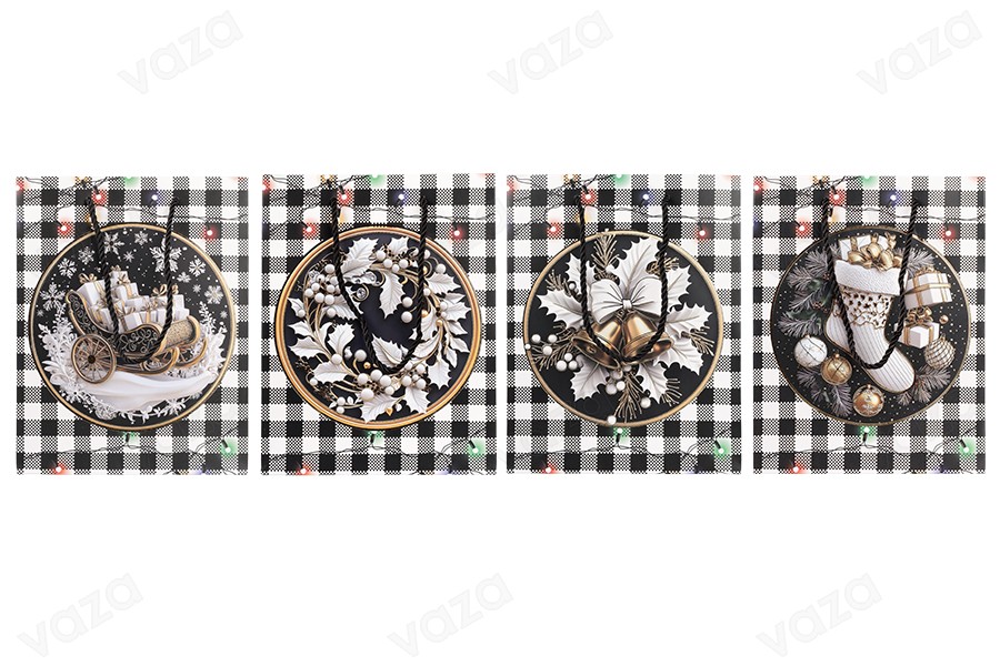 Weihnachtliche Geschenktüten aus Papier, weiß-schwarz, 260 x 100 x 320 mm, mit Weihnachtsmotiven und schwarzer Kordel – 12 Stück, verschiedene Designs Weihnachtliche Geschenktüten aus Papier, weiß-schwarz, 260 x 100 x 320 mm, mit Weihnachtsmotiven und schwarzer Kordel – 12 Stück, verschiedene Designs-bildgruppe