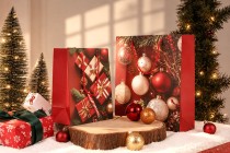 Sachets cadeaux de Noël en papier rouge 260 x 100 x 320 mm avec motifs festifs et ficelle rouge - 12 pièces, motifs assortis-photo_dimensions