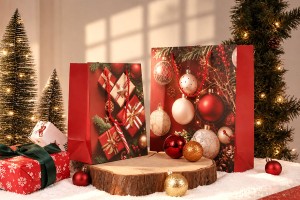 Sachets cadeaux de Noël en papier rouge 180 x 100 x 230 mm avec motifs festifs et ficelle rouge - 12 pièces, motifs assortis-photo_groupe