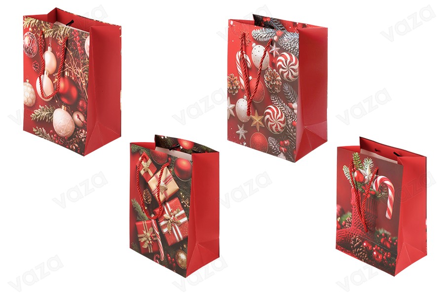 Christmas paper red gift bag 180x100x230mm with festive designs and red string - 12 pcs mix designs Christmas paper red gift bag 180x100x230mm with festive designs and red string - 12 pcs mix designs-image_product