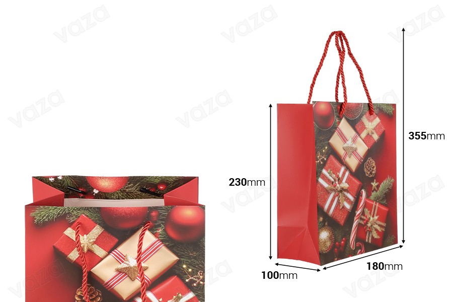 Christmas paper red gift bag 180x100x230mm with festive designs and red string - 12 pcs mix designs Christmas paper red gift bag 180x100x230mm with festive designs and red string - 12 pcs mix designs-image_dimensions