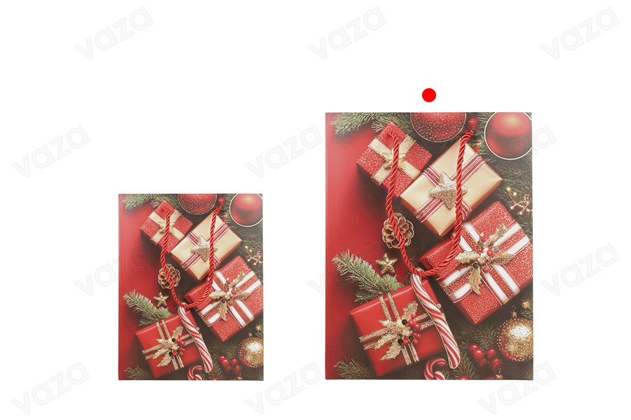 Sac cadeau de Noël en papier rouge, 260 x 100 x 320 mm, avec motifs festifs et cordon rouge - 12 pièces de motifs variés Sac cadeau de Noël en papier rouge, 260 x 100 x 320 mm, avec motifs festifs et cordon rouge - 12 pièces de motifs variés-photo_groupe