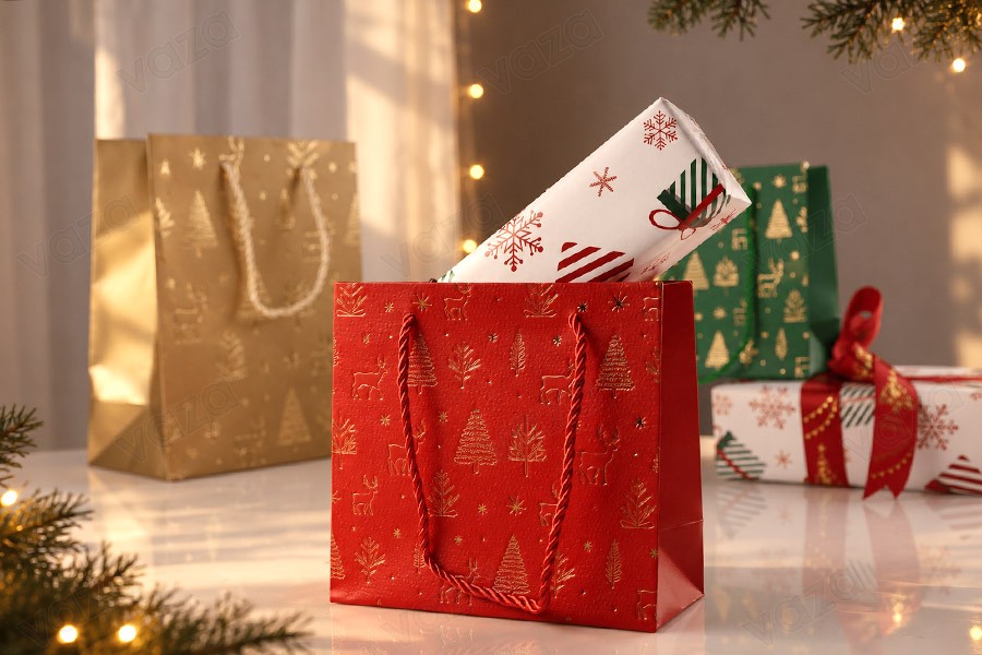 Sachets cadeaux de Noël en papier 180 x 100 x 230 mm avec ficelle pour anse - 12 pièces, couleurs assorties-photo_groupe