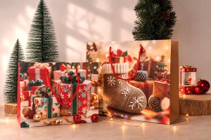Sachets cadeaux de Noël en papier 230 x 100 x 180 mm avec motifs festifs et ficelle rouge - 12 pièces, motifs assortis-photo_dimensions