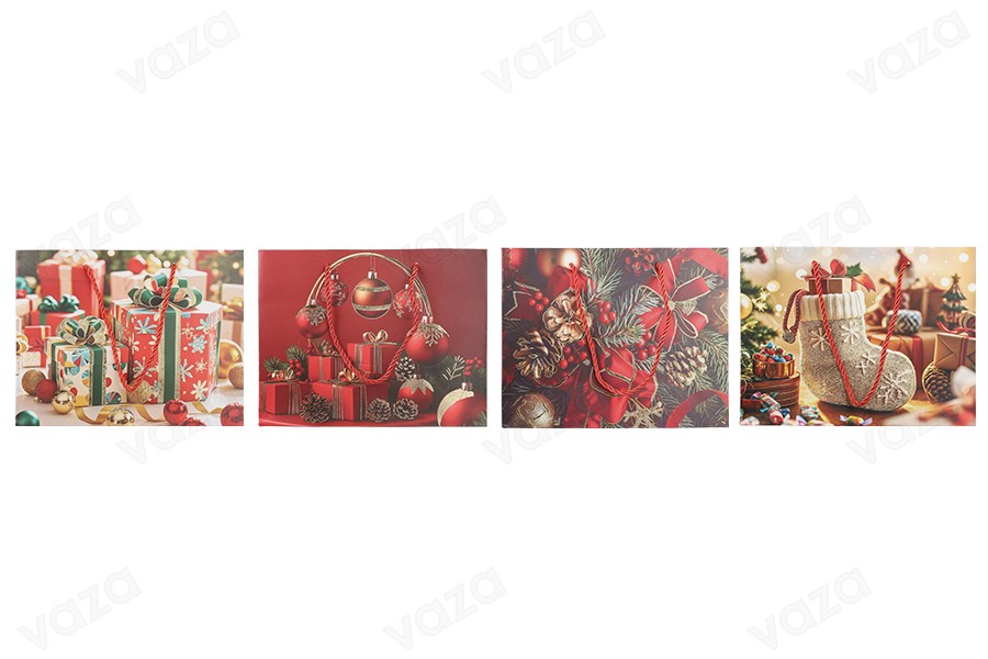 Weihnachtliche Geschenktüten aus Papier, 230 x 100 x 180 mm, mit festlichen Motiven und roter Kordel – 12 Stück, verschiedene Designs-bildgruppe