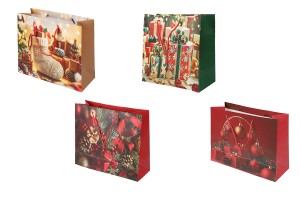Weihnachtliche Geschenktüten aus Papier, 310 x 100 x 250 mm, mit festlichen Motiven und roter Kordel – 12 Stück, verschiedene Designs-produktbild