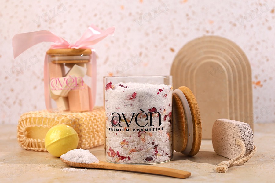 250ml Glas, rund mit Holzdeckel und Gummi-bildgruppe